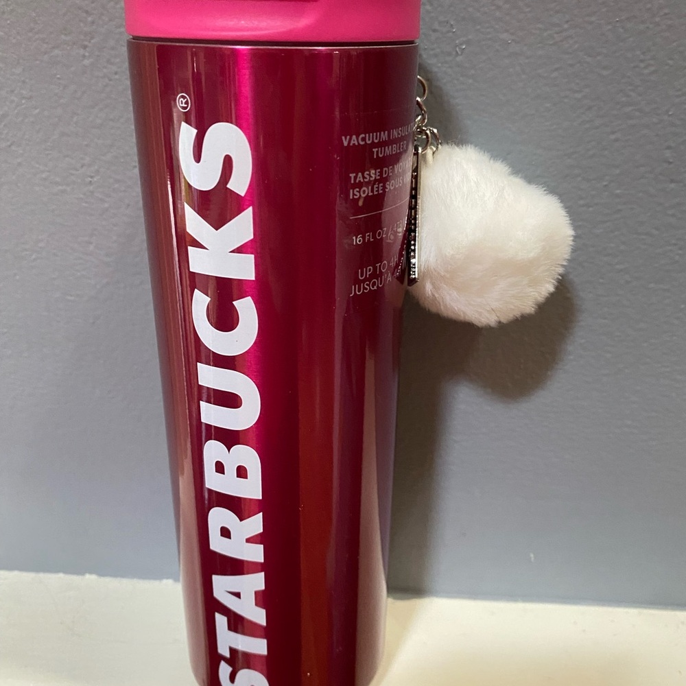 Starbucks Fuchsia Tumbler with Fluffy White Charm